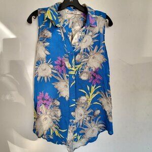 Jeunesse 100% Silk Blue Floral Print Sleeveless Button Front Blouse Size XS